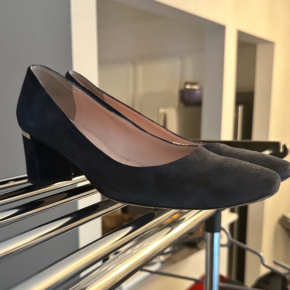 Kate Spade Velvet Block Heels Navy with Gold Trim